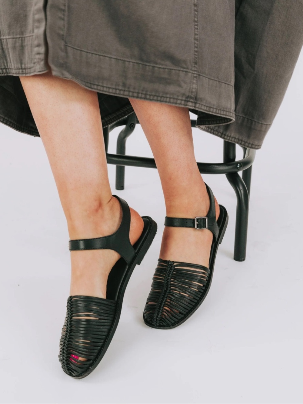 Free People Black Braided Cage Ankle-Strap Sandals